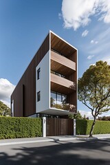 arafed modern house with a wooden facade and a white and brown facade