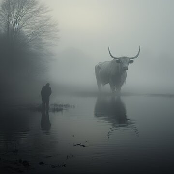 silhouette of a person and a bull in the fog