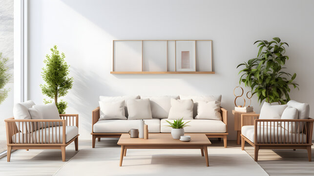 Cubic wooden coffee table between white sofa and armchairs. Scandinavian style home interior design of modern living room