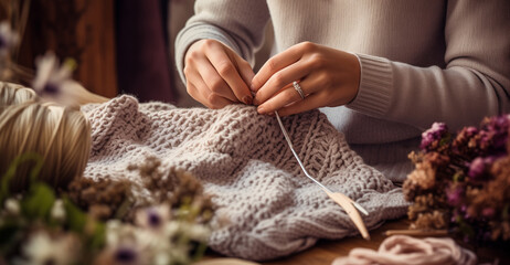 Woman is knitting using wool thread. Knit job, meditation - obrazy, fototapety, plakaty