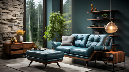 Dark blue sofa and recliner chair in scandinavian apartment. Interior design of modern living room - obrazy, fototapety, plakaty