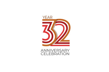 32th, 32 years, 32 year anniversary with retro style in 3 colors, red, pink and brown on white background for invitation card, poster, internet, design, poster, greeting cards, event - vector