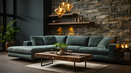 Dark green velvet corner sofa near concrete wall with stone wall decor. Loft style home interior design of modern living room