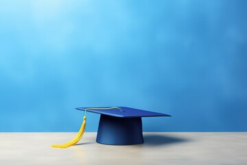 graduation toga hat on blue wall background. Generative AI