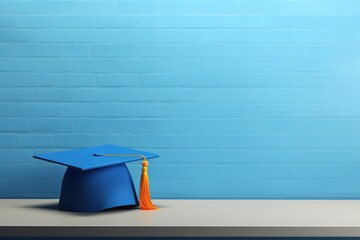 graduation toga hat on blue wall background. Generative AI - obrazy, fototapety, plakaty