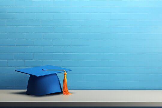 graduation toga hat on blue wall background. Generative AI