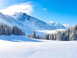 beautiful snowy landscape with the mountains, snowy forest and fir branches