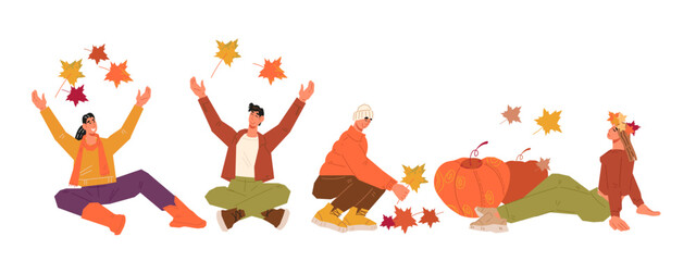Autumn season beauty, characters of people explore parks and forests amidst the season of falling leaves, vector illustration isolated on white background. Autumn joy for sales and events banners.