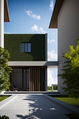 there is a picture of a modern house with a green roof