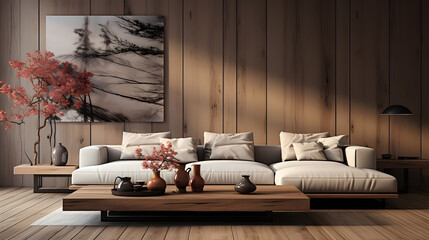 Elegant interior design of modern living room. Wooden paneling wall behind beige sofa and live edge coffee table