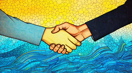 Business partnership handshake illustration, trust and cooperation, bright and colorful drawing of deal agreement.