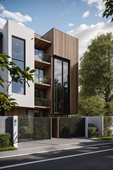 rendering of a modern apartment building with a wooden facade