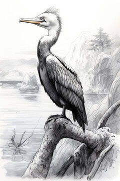 sketch of a cormorant bird in a line art hand drawn style