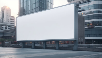 an empty white billboard for your advertising stands in near the road in a large urban metropolis. blank advertising billboard mockup on the road. blue sky background. Generative AI