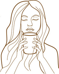young woman drinking a cup of hot tea or coffee. Simple line drawing.