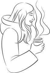 Young girl in warm clothes holding paper cup with hot coffee or mulled wine in her hands.
