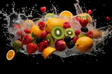 Fruit in mid-air with juice splashes on sides and atop other fruit. Generative AI