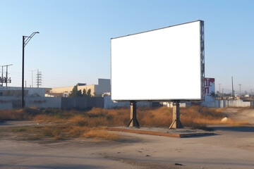 Fototapeta premium a white empty billboard for your advertising stands in a rusty dump in the urban area of a large urban metropolis. before the storm. blank advertising billboard mockup. Generative AI