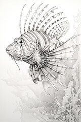 sketch of a lionfish underwater scene in a line art hand drawn style