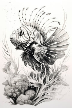 black and white lionfish underwater clip art preview