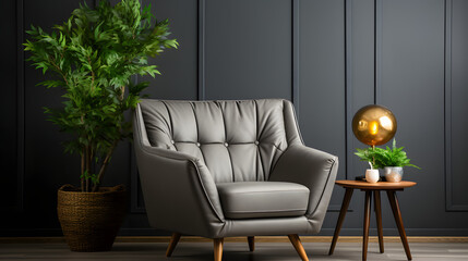 Grey recliner wingback chair against black paneling wall. Scandinavian home interior design of modern living room