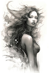 Fototapeta premium sketch of a mermaid in a line art hand drawn style