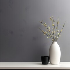 flowers in a vase on the table, white vase with plant on black table top  white wall on  background