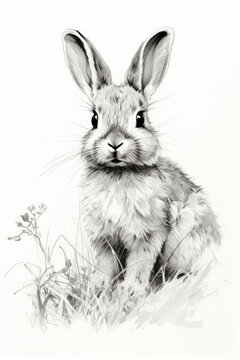 grayscale rabbit sitting in grass clip art preview