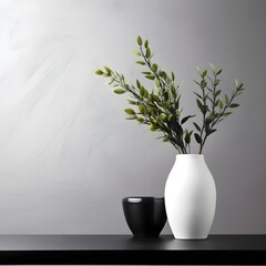 white vase with flowers, white vase with plant on black table top  white wall on  background
