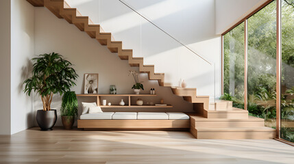 Hallway with wooden staircase and glass wall. Big potted tree against wooden bench. Minimalist home...