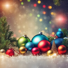 Christmas background. Coloful Christmas toys of de-focused lights with decorated tree. Space for text..