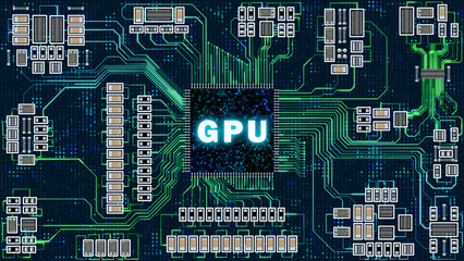 digital GPU chipset illustration with circuit board and bright circuit lines. integrated and dedicated GPU concept image