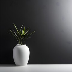 plant in a vase, white vase with plant on black table top  white wall on  background