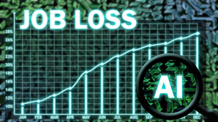 artificial intelligence reason for job loss creative illustration with bright graph and ai chatbot in magnifying glass. artificial intelligence and unemployment problem concept.