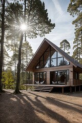 arafed cabin with a porch and a large window in the woods