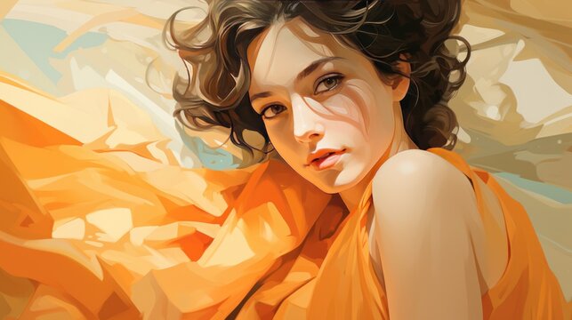 Sensual beautiful woman trendy artwork. Surreal apricot vivid portrait, fashionable painting pop art illustration for printing on fabric or paper, poster or wallpaper, advert