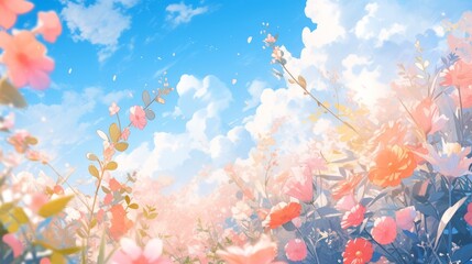 Japanese landscape, colorful sky. Vibrant flowers bloom, symbolizing nature's beauty. Anime-inspired artwork captures the essence of Japan's culture and seasons. Perfect for backgrounds, postcards. - obrazy, fototapety, plakaty