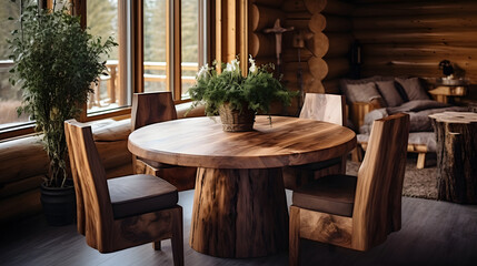 Obraz premium Handmade wooden log furniture, round dining table and chairs. Rustic interior design of modern living room in country house