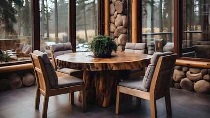 Fototapeta na wymiar Handmade wooden log furniture, round dining table and chairs. Rustic interior design of modern living room in country house