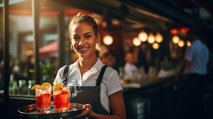 A Happy Young Restaurant Worker Enjoying Their Job with a Smile - obrazy, fototapety, plakaty