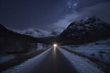 car driving on empty night mountainous road. mystical picture of lost travellers. Generative AI