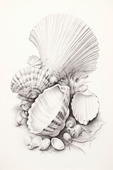 sketch of seashells collection in a line art hand drawn style
