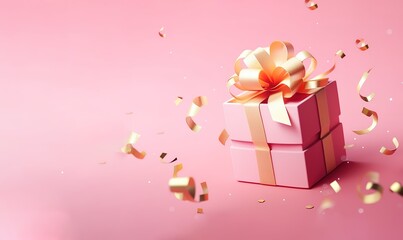 Fototapeta premium pink gift box with ribbon and confetti. Generative AI