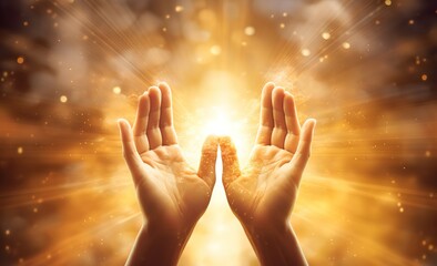 hands in prayer with golden lights. Generative AI