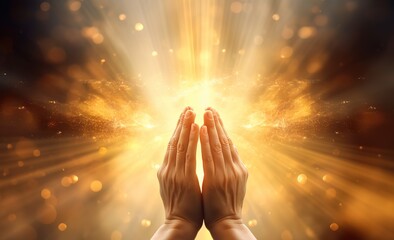 hands in prayer with golden lights. Generative AI - obrazy, fototapety, plakaty