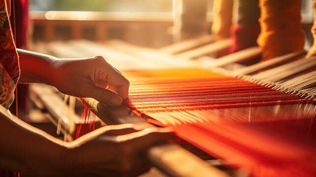 Celebrating Modern Traditional Heritage Craft, Close-Up of Hands Weaving a Colorful Textile on a Wooden Loom with Copy Space for Creative Expressions
