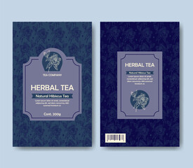 Tea label package with natural organic hibiscus. Vintage craft botanical doodle herbal sketch
