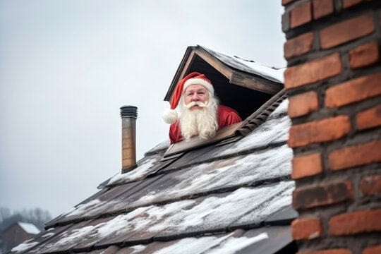 Santa Claus looks out of a roof window