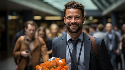 A well-dressed gentleman presenting a bouquet of beautiful flowers - obrazy, fototapety, plakaty