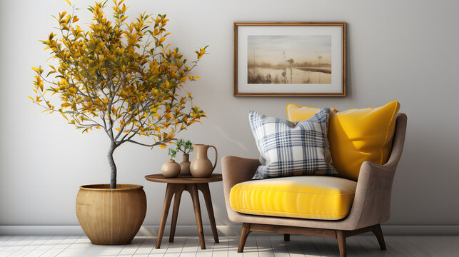 Interior design of living room with armchair and yellow plaid. Rattan coffee table in room with white wall. Home interior
